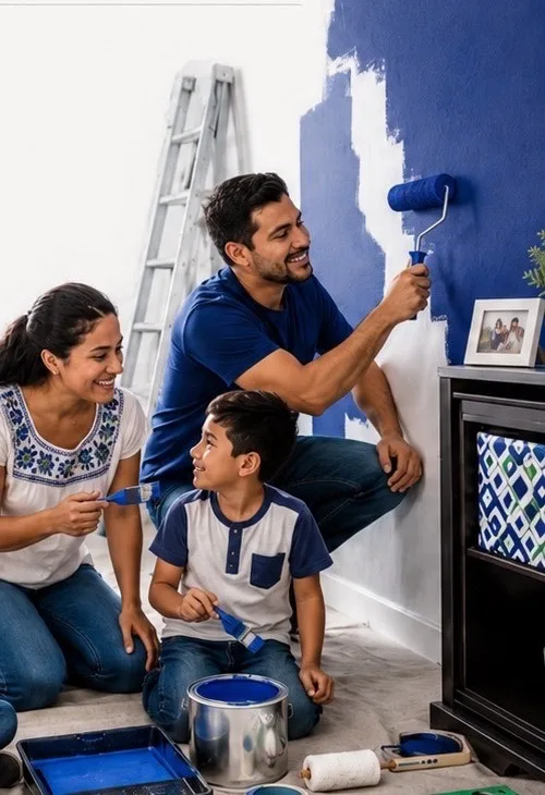 Familia mexicana remodelando y pintando la pared de su casa con el Crédito Mejoravit